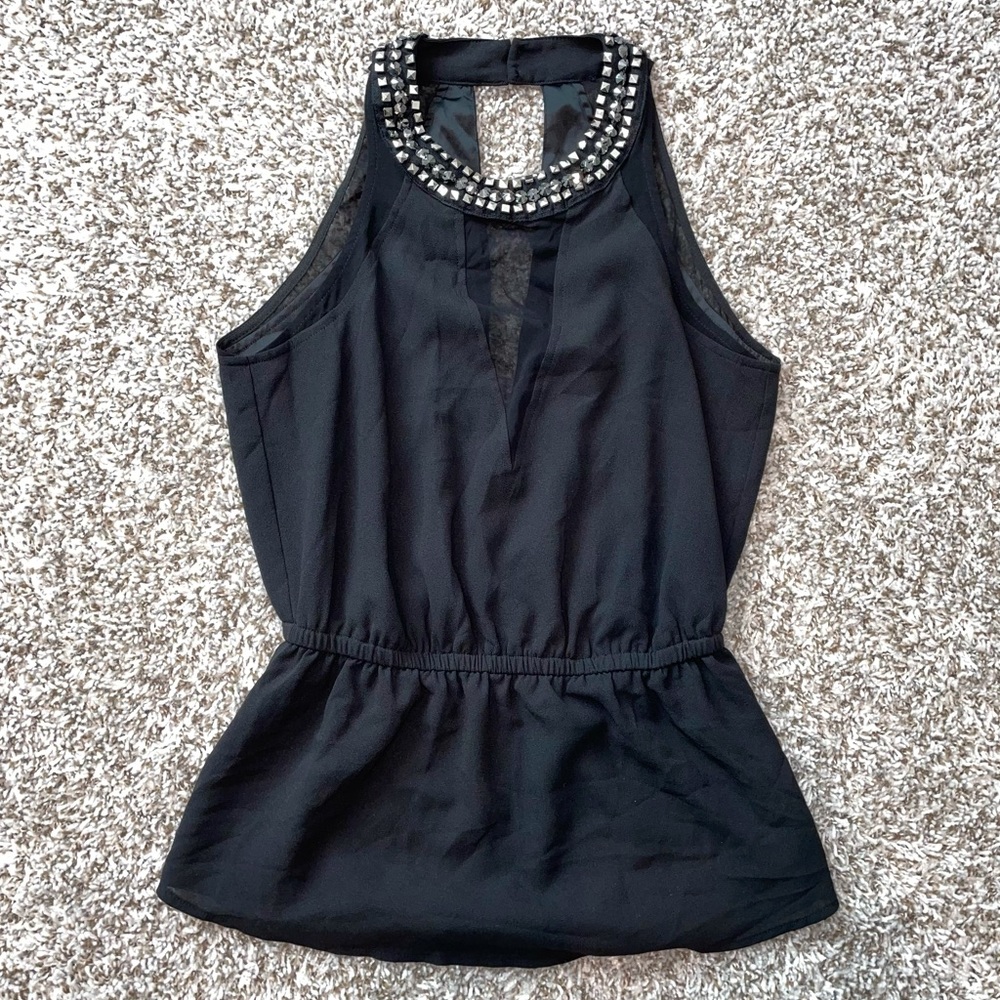 2B BEBE BLACK STUDDED Peplum See Through Top Size Medium
